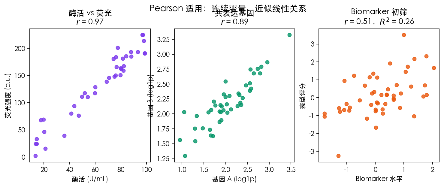 图 3 典型场景:酶活–荧光、共表达基因(log 变换后)、Biomarker–表型初筛