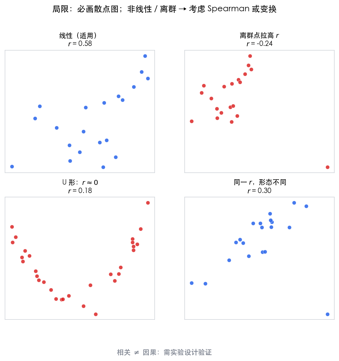 图 4 Anscombe 型陷阱:离群点、U 形非线性、同 $r$ 不同形态;相关不等于因果