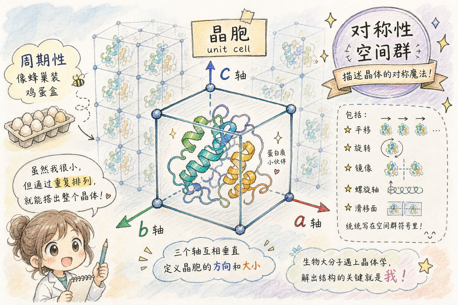 晶胞边长、夹角与对称/空间群的直觉(科普手绘漫画风,非官方原图)