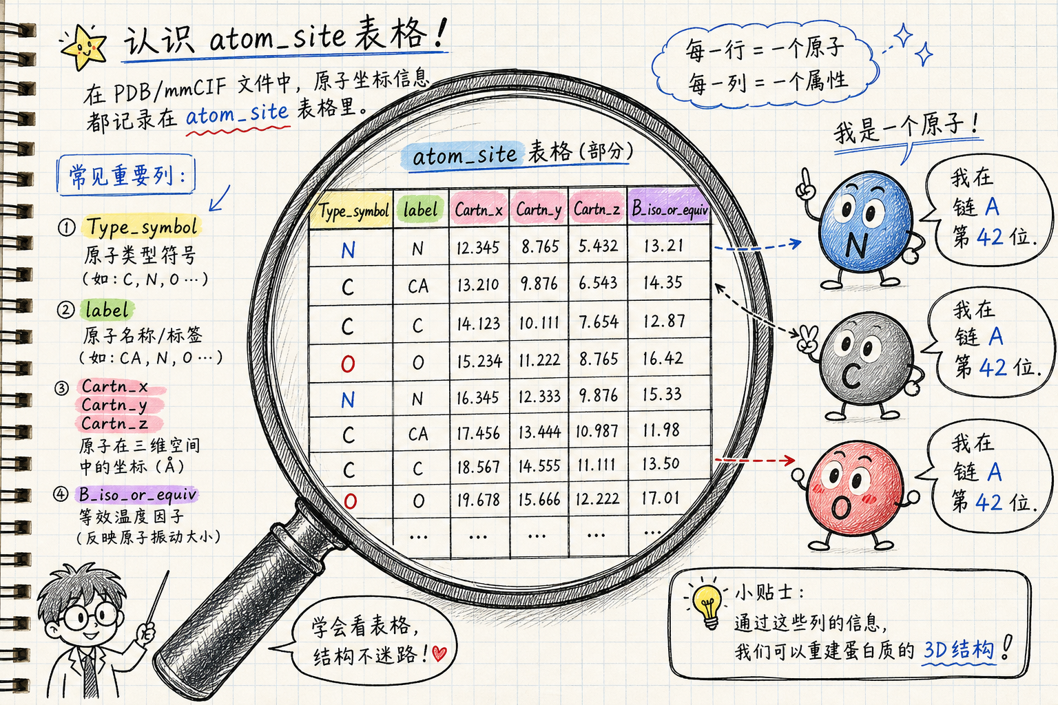 atom_site 循环表:一行一个原子(科普手绘漫画风,非官方原图)