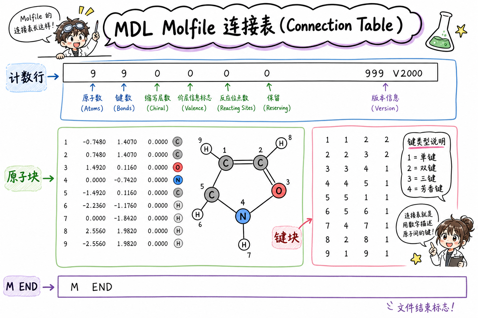 Molfile 连接表 CTAB:计数行、原子块、键块(科普示意,非官方原图)