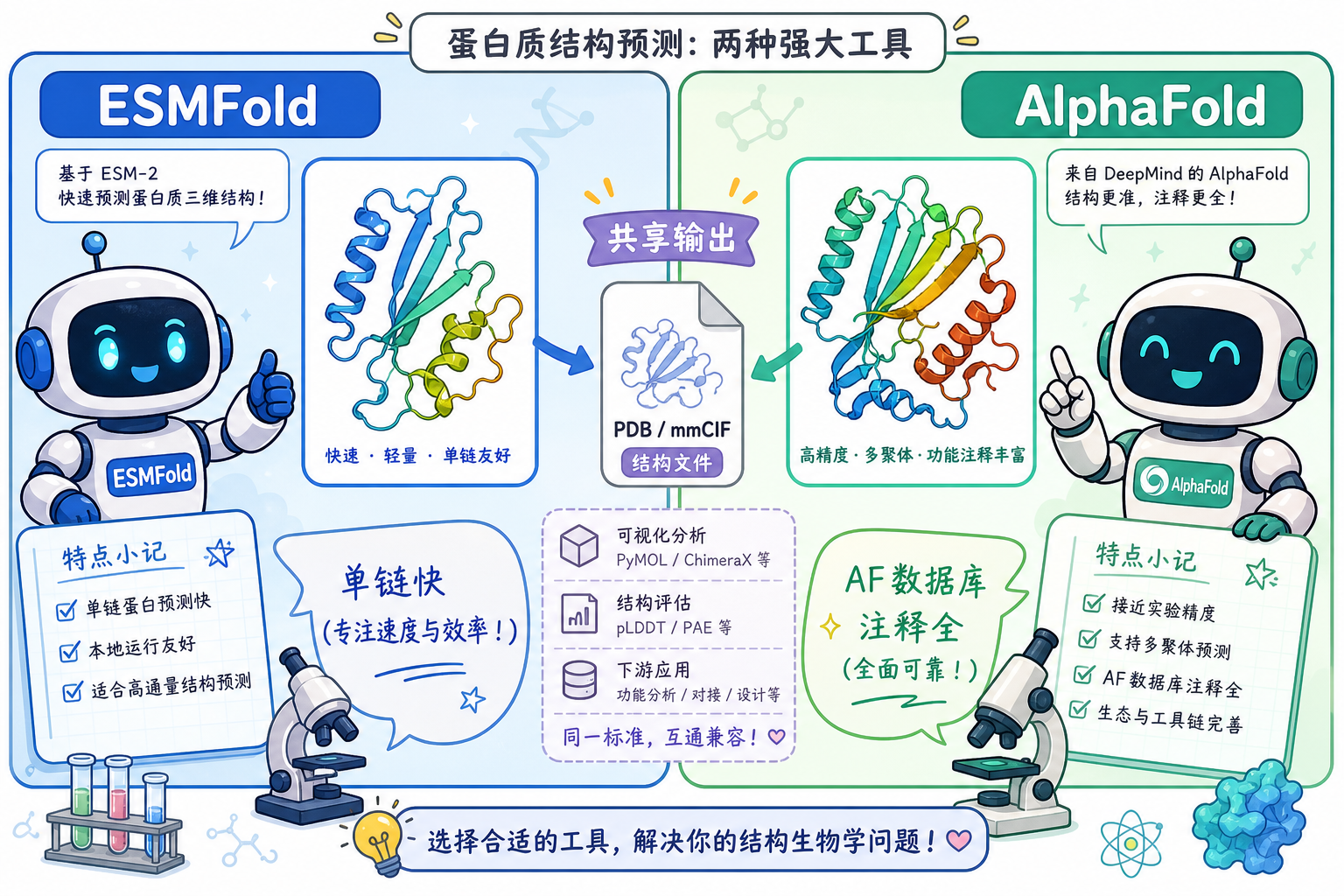 ESMFold 与 AlphaFold 输出对照直觉(科研动漫风示意图,非官方原图)