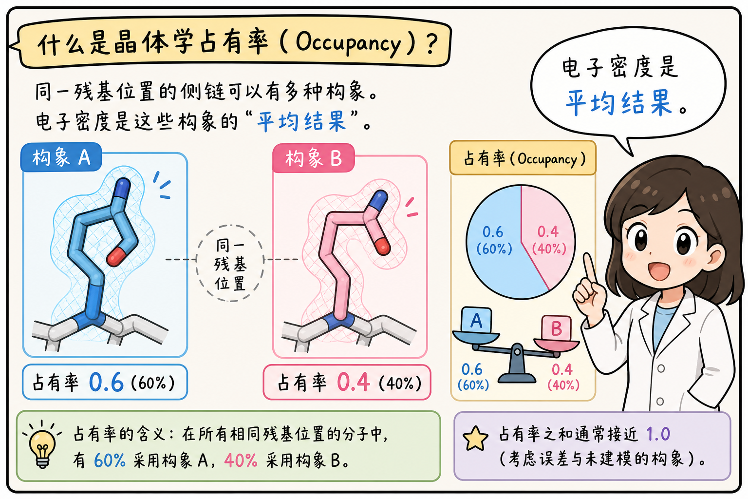 占有率:多套互斥构象与「平均密度」直觉(科研动漫风示意图,非官方原图)