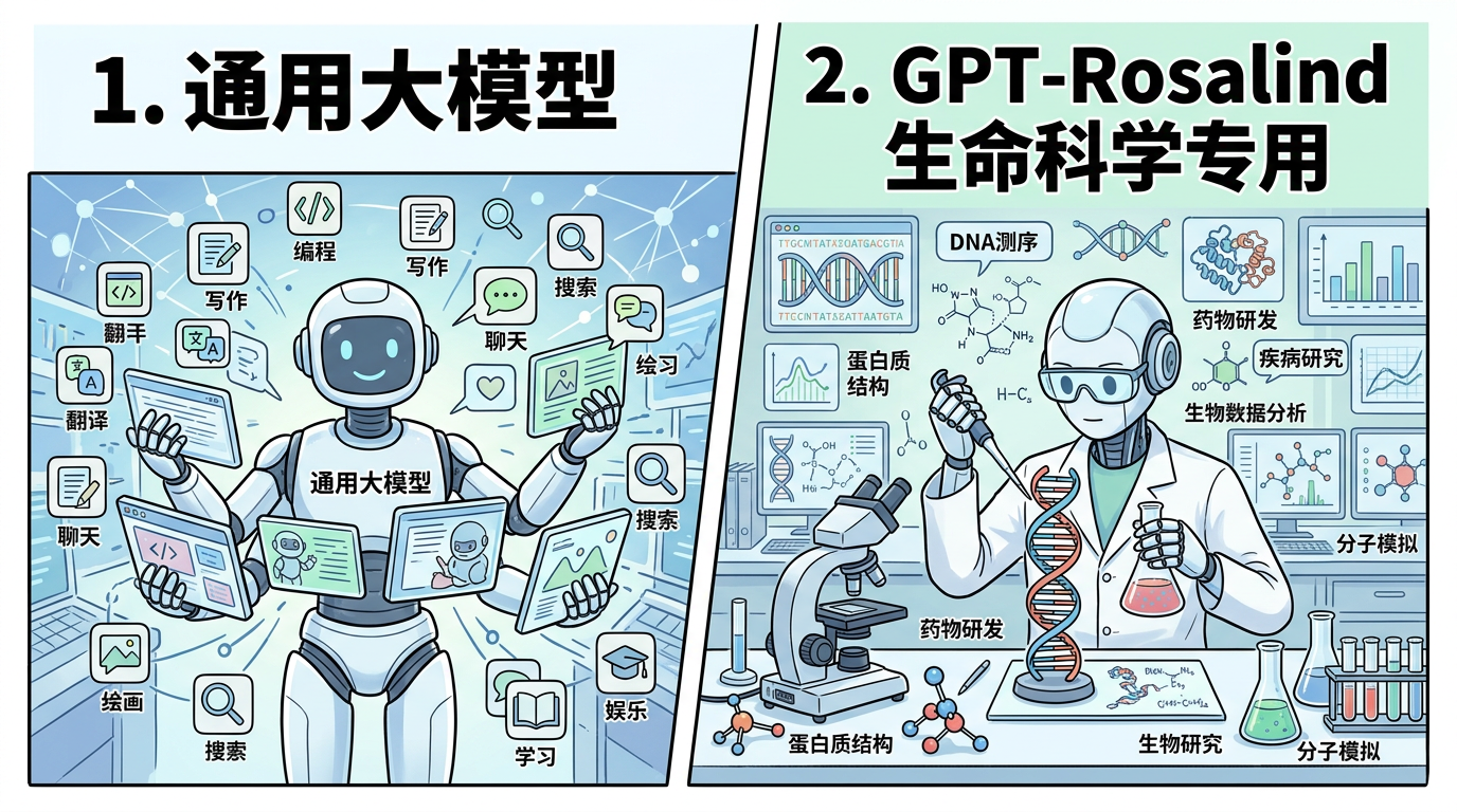 科普示意:通用大模型与生命科学专用定位(条漫风格,非官方)