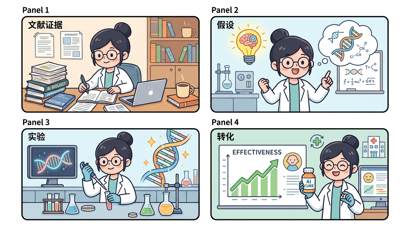 科普示意:生命科学研究从文献到实验与转化的逻辑链(条漫风格,非官方)