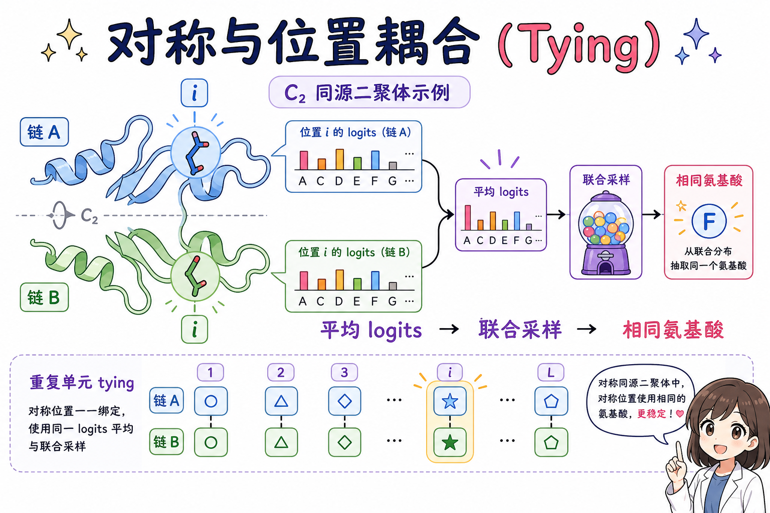 同源二聚体对称位点 tying:平均 logits 后联合采样(科普动漫风示意图,非论文原图)
