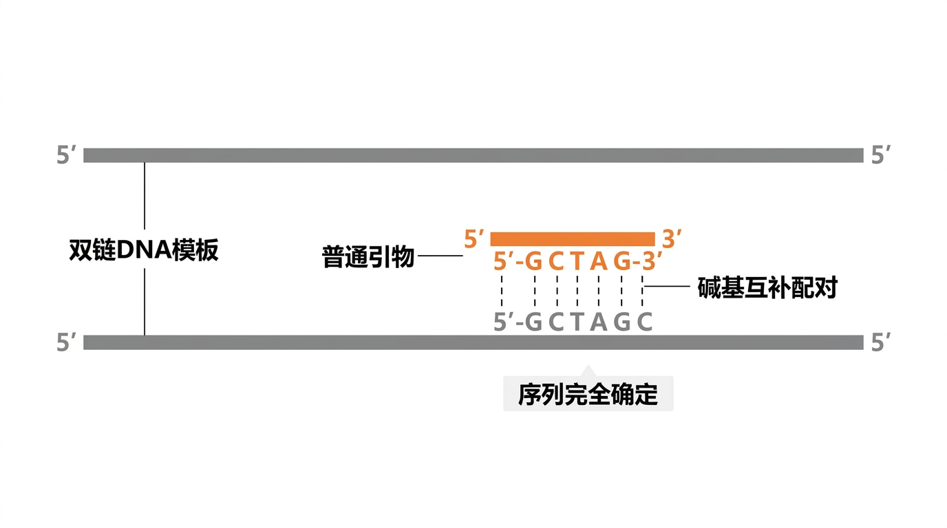 普通引物:序列确定,与模板链碱基互补配对