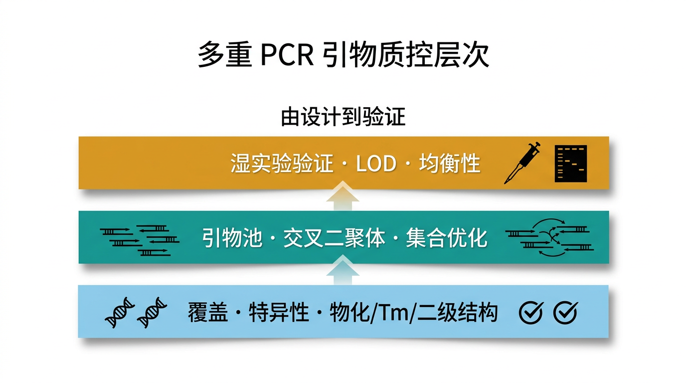 多重 PCR 引物质控层次:从 in silico 设计到湿实验验证(示意)