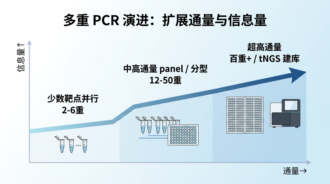 多重 PCR 演进:通量与信息量双维扩展(示意)