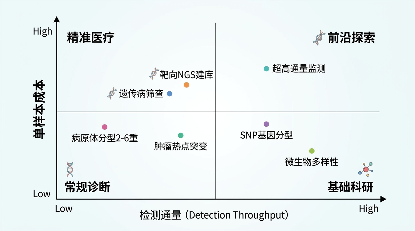 多重 PCR 应用:通量—成本象限示意(逻辑图)