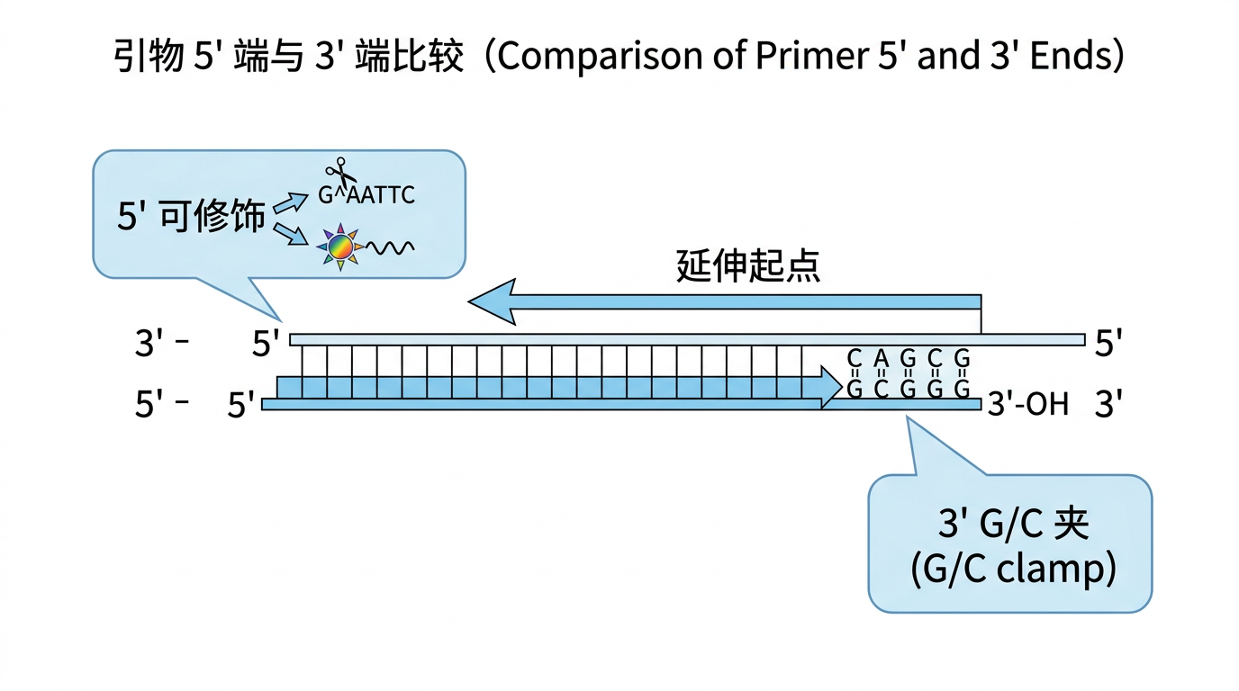 3′ 延伸起点与 G/C clamp,5′ 可修饰位点(示意)