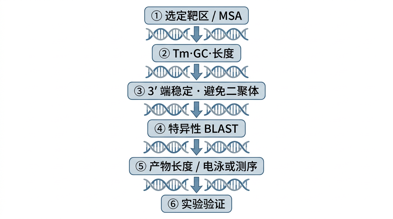 从靶区选择到实验验证的引物设计决策流程(示意)