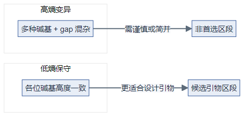 低熵保守区与高熵变异区对引物落点的含义(逻辑图)