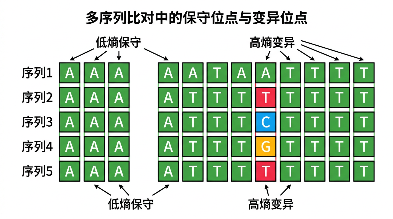 多序列比对:多数列为低熵保守位点,少数列为高熵变异位点