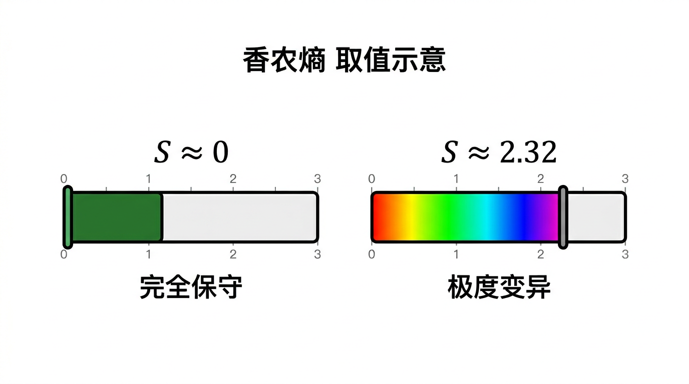 香农熵量级示意:近 0 为保守,约 2.32 为五符号均匀分布