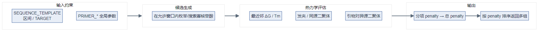 Primer3 候选搜索、热力学评估与 penalty 输出(科研风格示意图,与下节 Mermaid 同源)