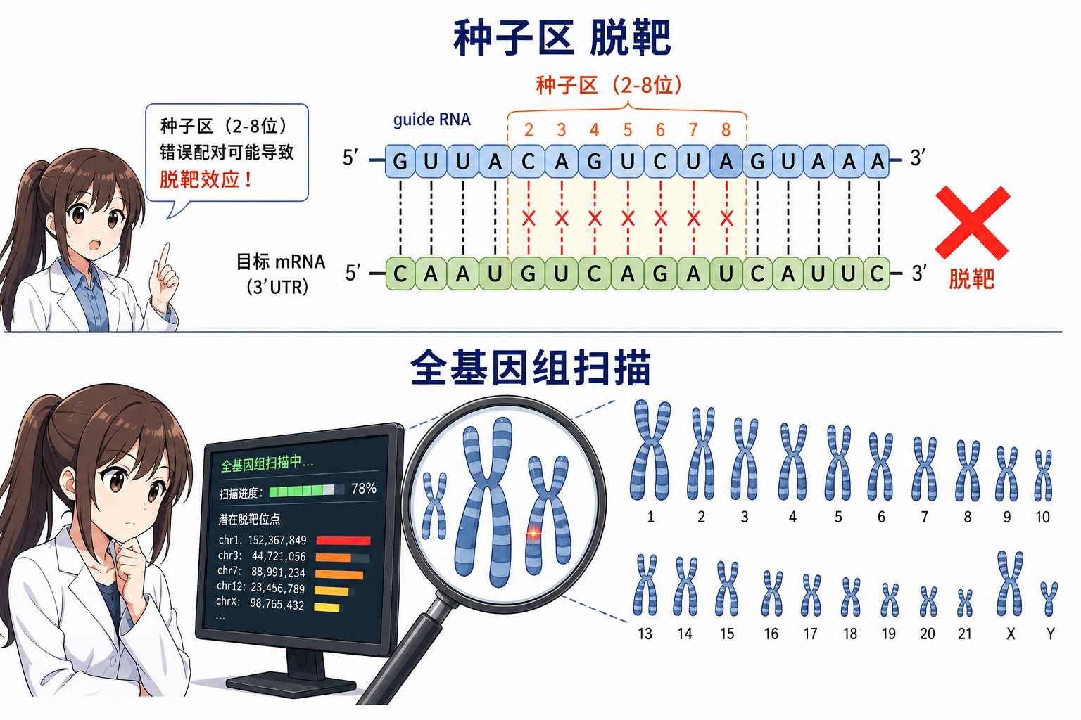 种子区与 off-target 误配、全基因组扫描逻辑(科普示意,非论文原图)