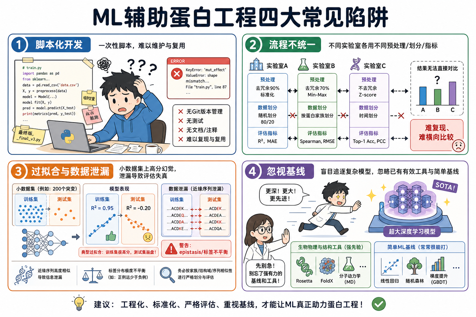 图 2 ML 辅助蛋白工程四大常见陷阱(据 §2.1 整理;科普示意)