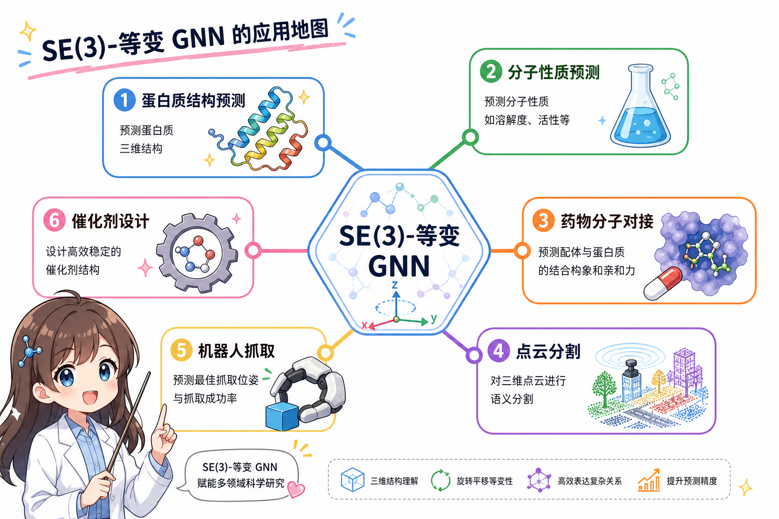 SE(3)-等变 GNN 应用场景:蛋白质、分子性质、对接、点云、机器人、催化等