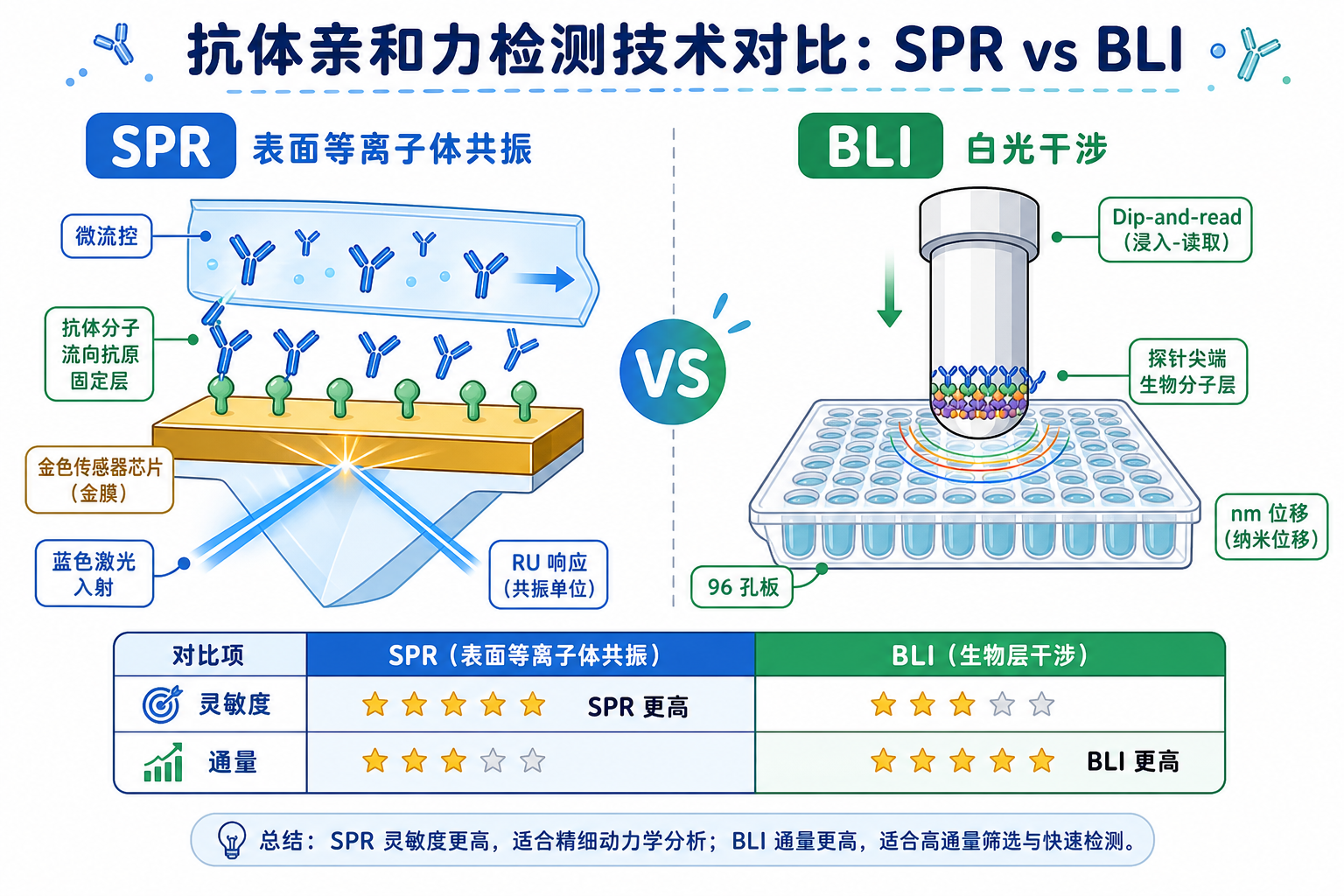 图 1 SPR 与 BLI 原理对比(科普示意)