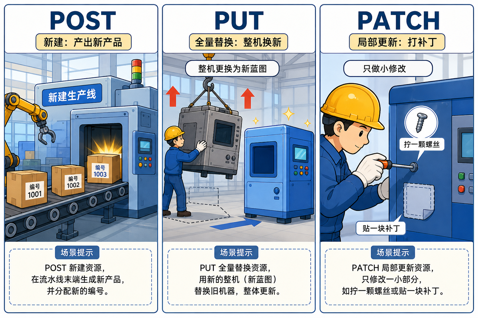 图 C POST 新建 · PUT 整换 · PATCH 补丁(科普漫画)