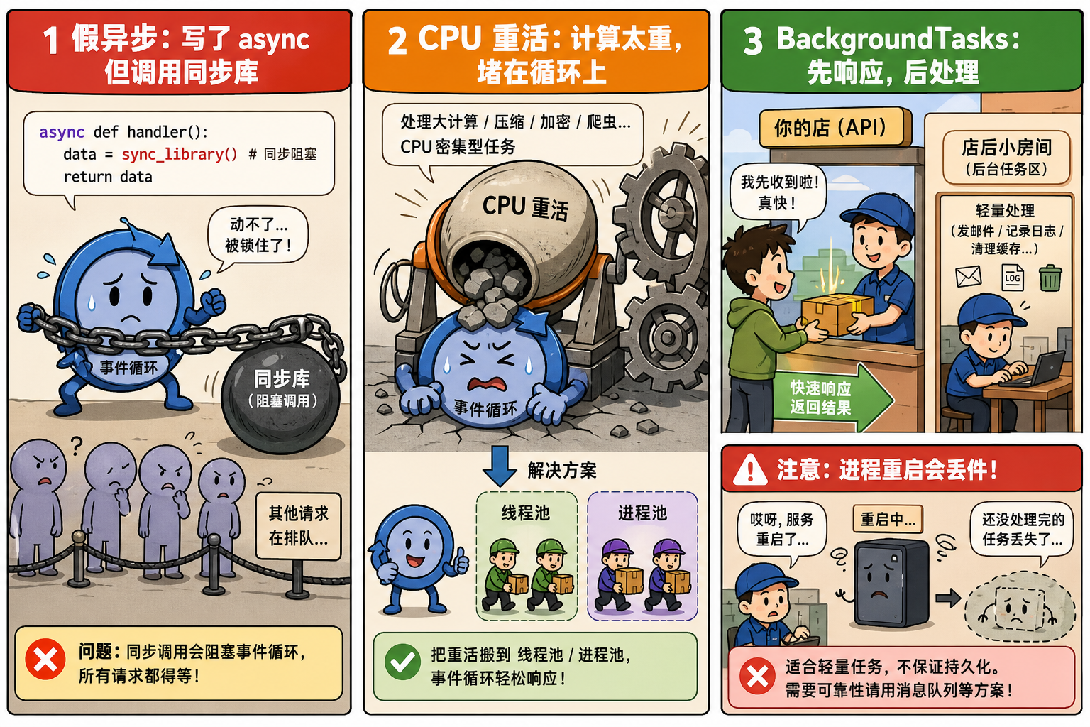 图 C 假异步 / CPU 堵循环 / BackgroundTasks 语义边界