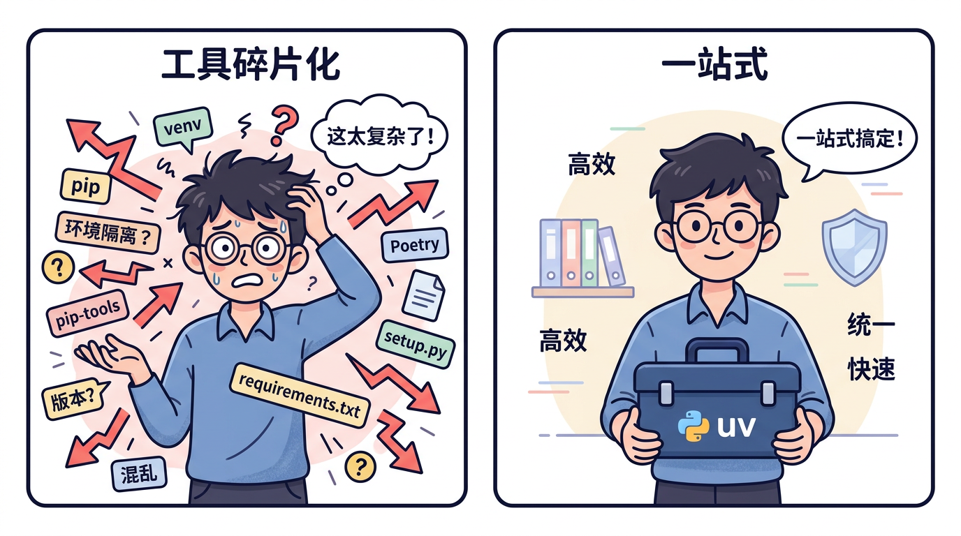 图 1 工具链碎片化 vs 一站式:左为多种工具并存的心智负担示意,右为单一入口的简化示意