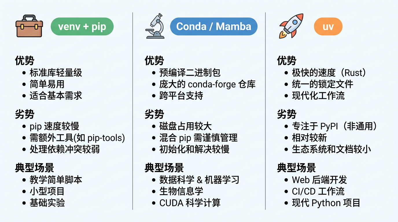 图 4 venv、Conda/Mamba、uv:优劣势与使用场景对照(科普示意,非产品截图)