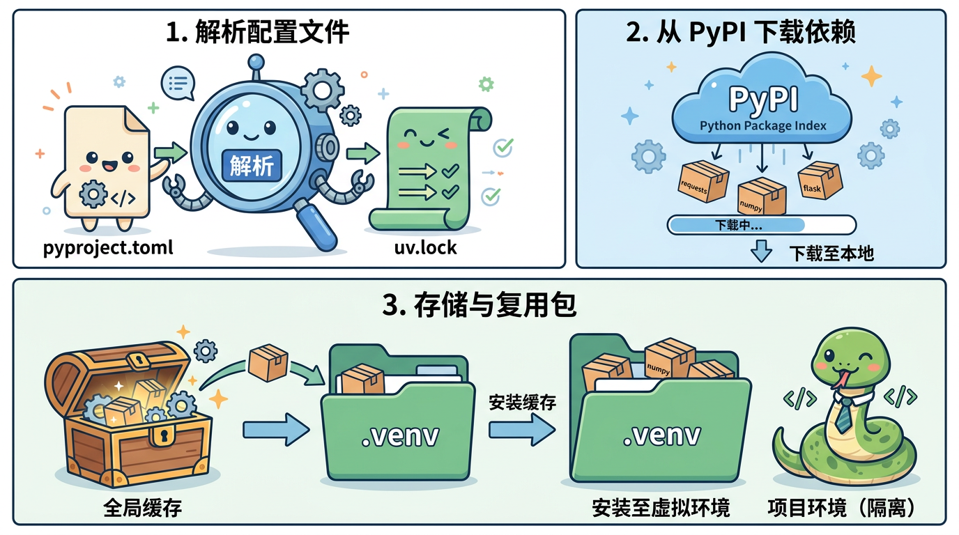 图 A 依赖闭环(科普漫画示意):声明 → 解析与锁文件 → 安装与 .venv;索引与缓存参与