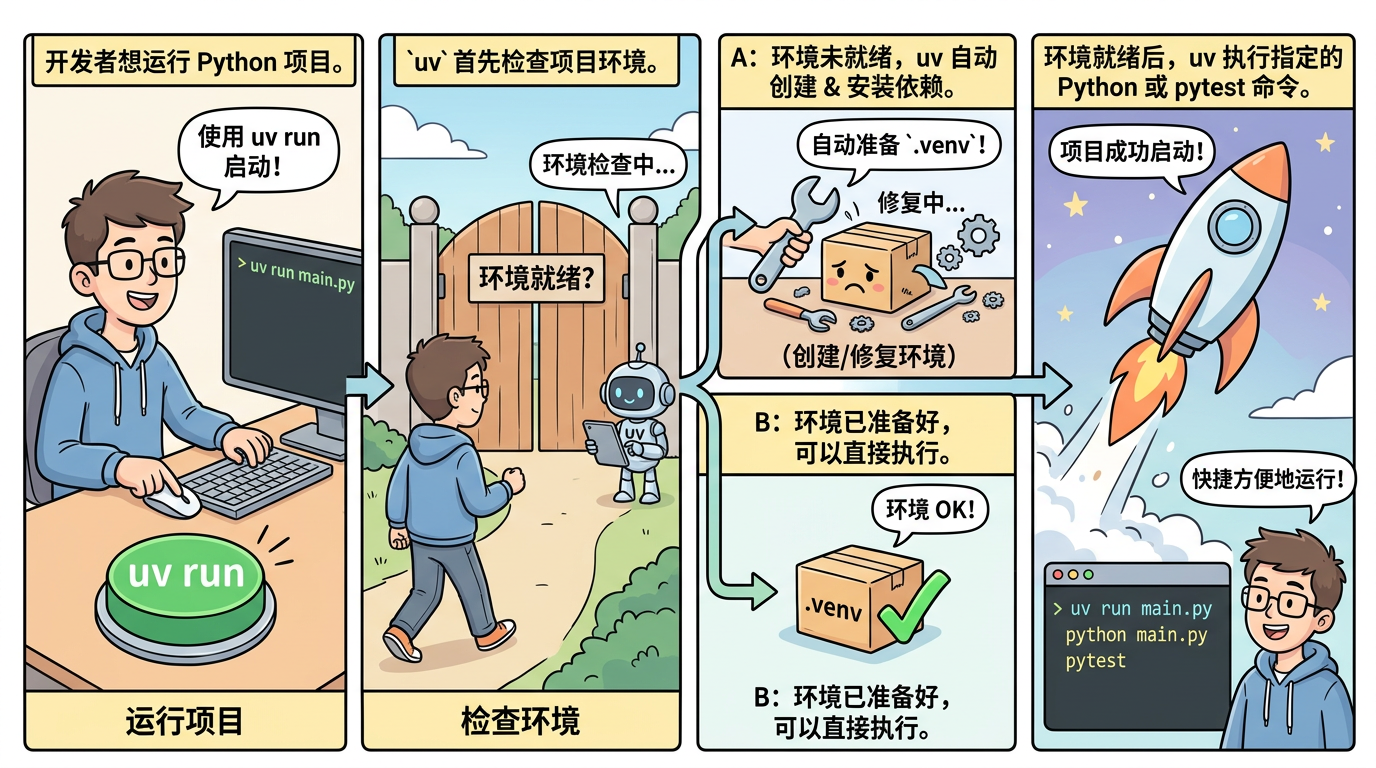 图 B uv run 执行链(科普漫画示意):项目根与配置 → 环境是否就绪 → 子进程执行
