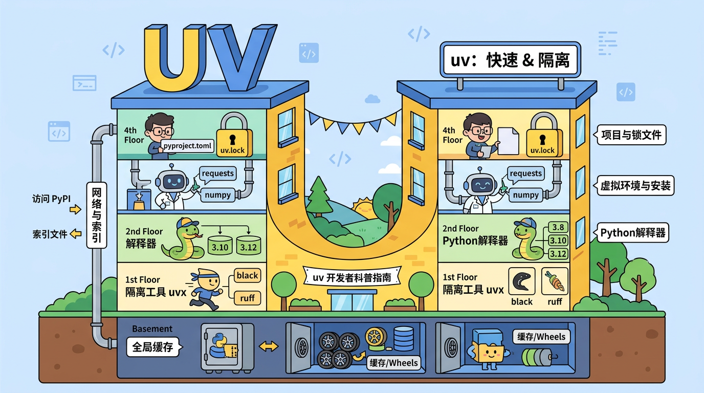 图 C 单入口 uv 的能力分层(科普漫画示意):各子命令对应能力块,共享缓存与网络