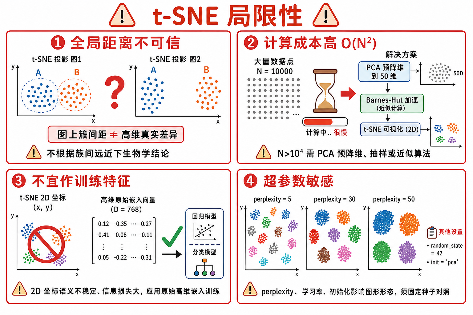 图 4 t-SNE 局限性(科普示意)