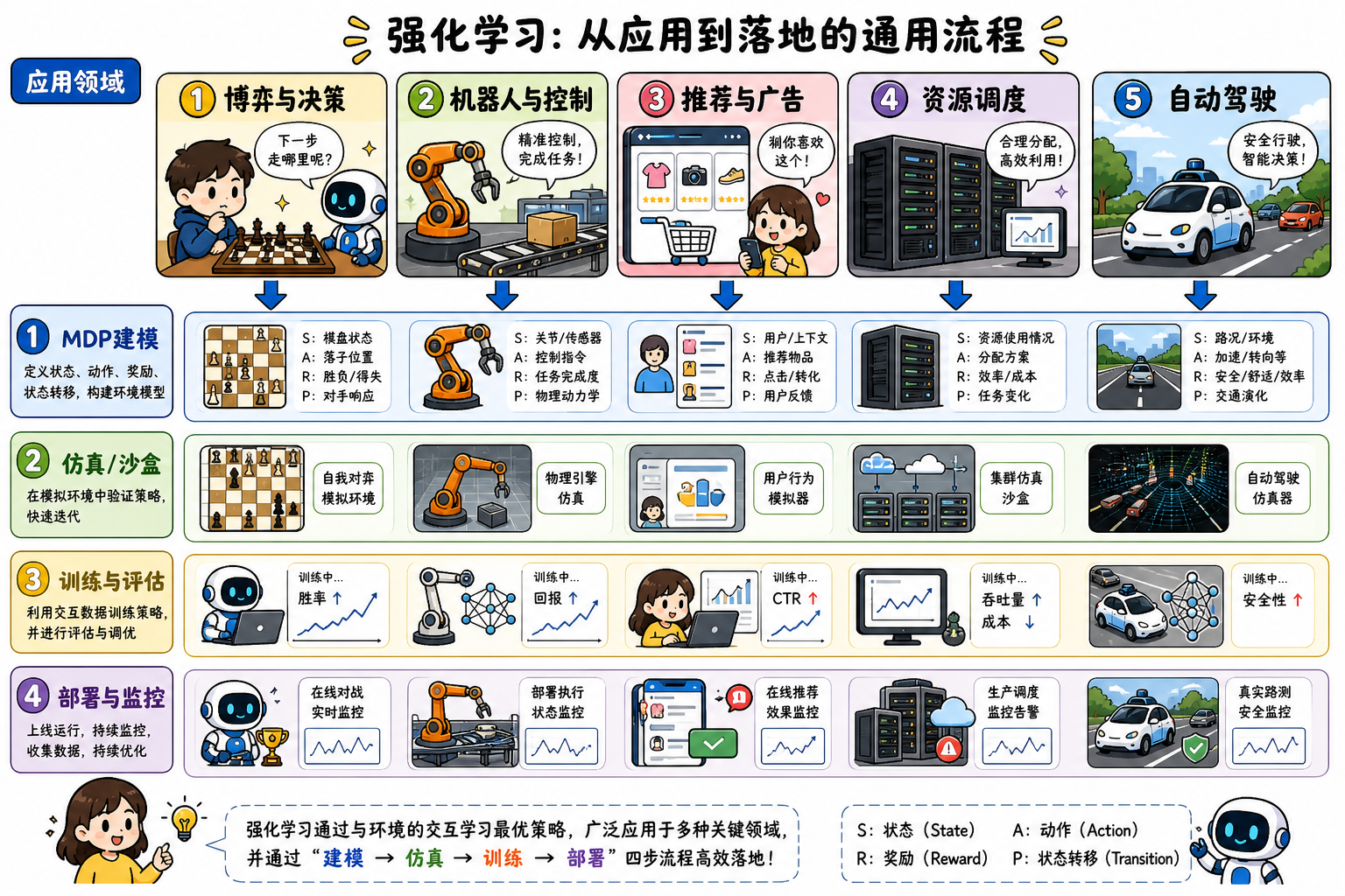 应用领域与 RL 共性阶段(建模 → 仿真 → 训练 → 部署)