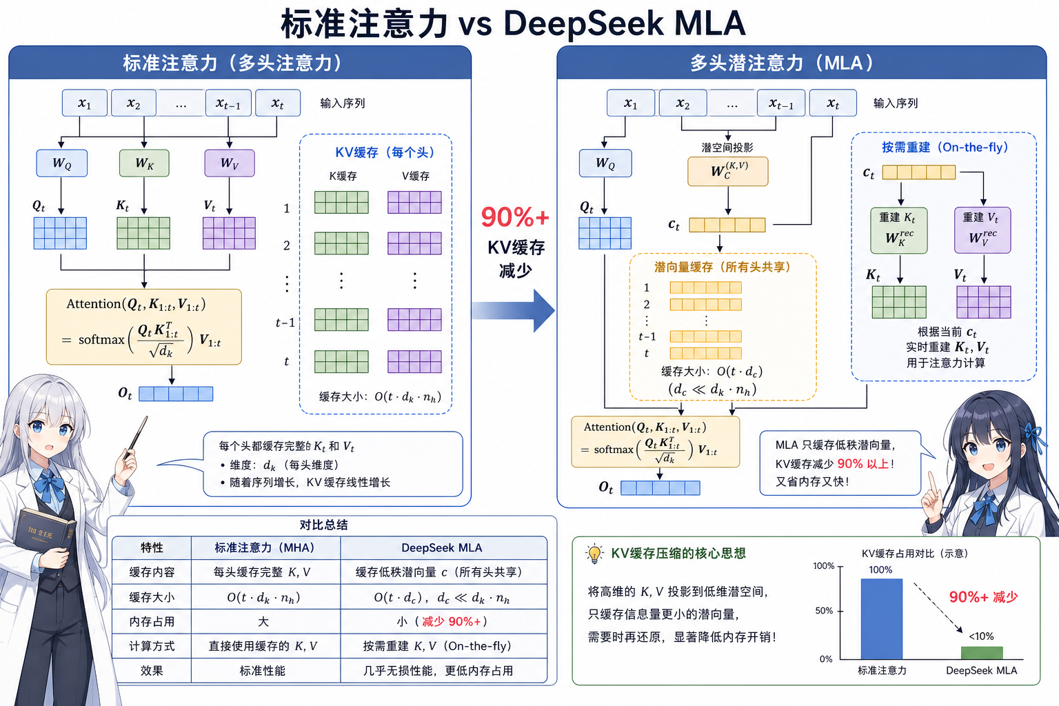 图 2 标准 MHA vs MLA:KV 潜空间压缩与缓存策略