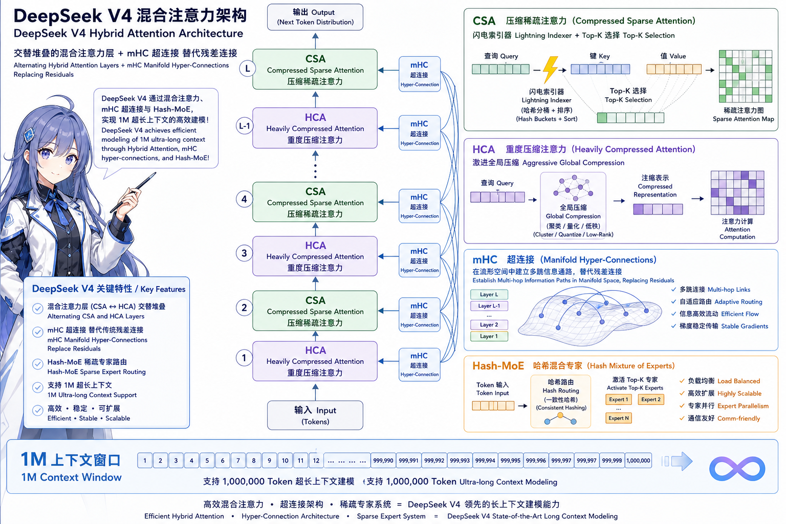 图 4 DeepSeek-V4:CSA / HCA 混合注意力 + mHC 超连接 + Hash-MoE 引导层