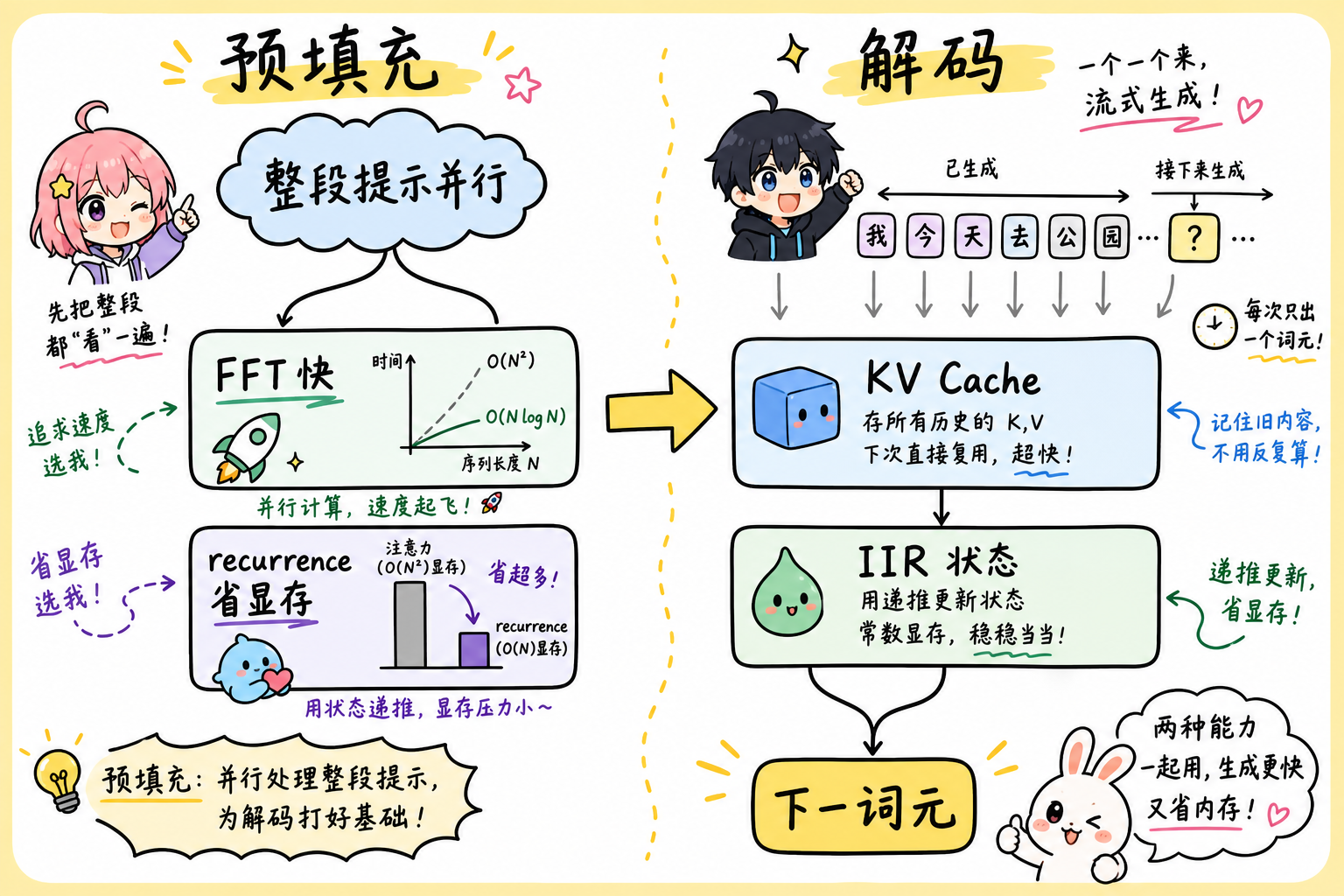预填充 FFT / recurrence 与解码阶段 KV Cache、Hyena 状态(科普动漫风矢量示意,手写体标注,非官方原图)
