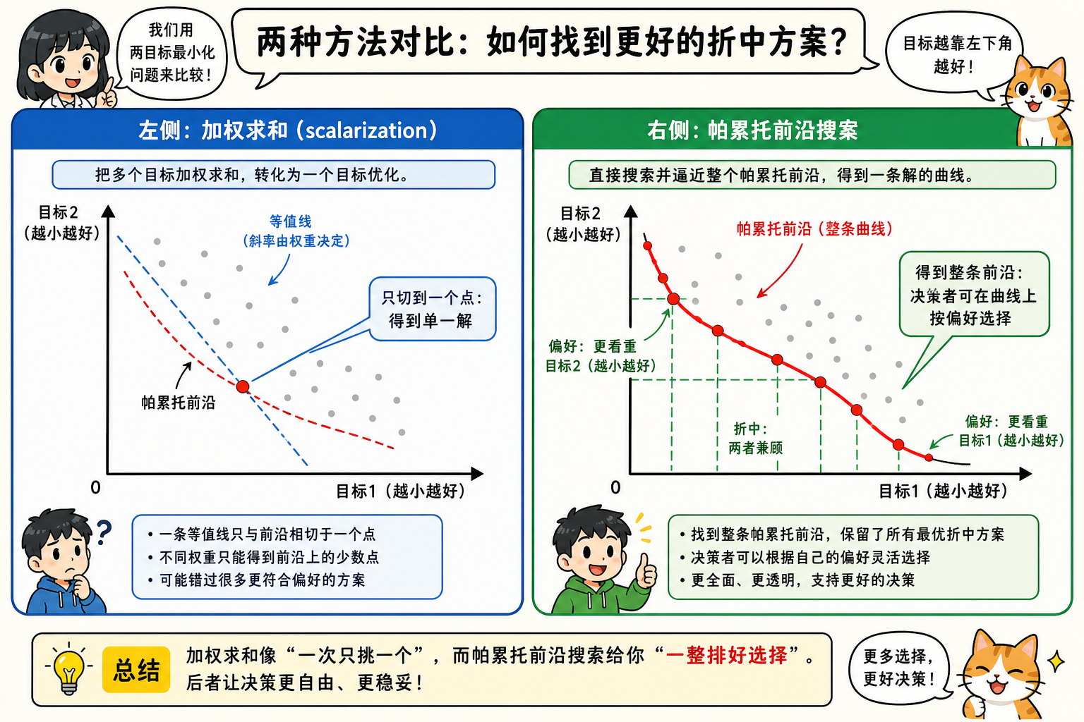 图 4 加权求和 vs 帕累托搜索